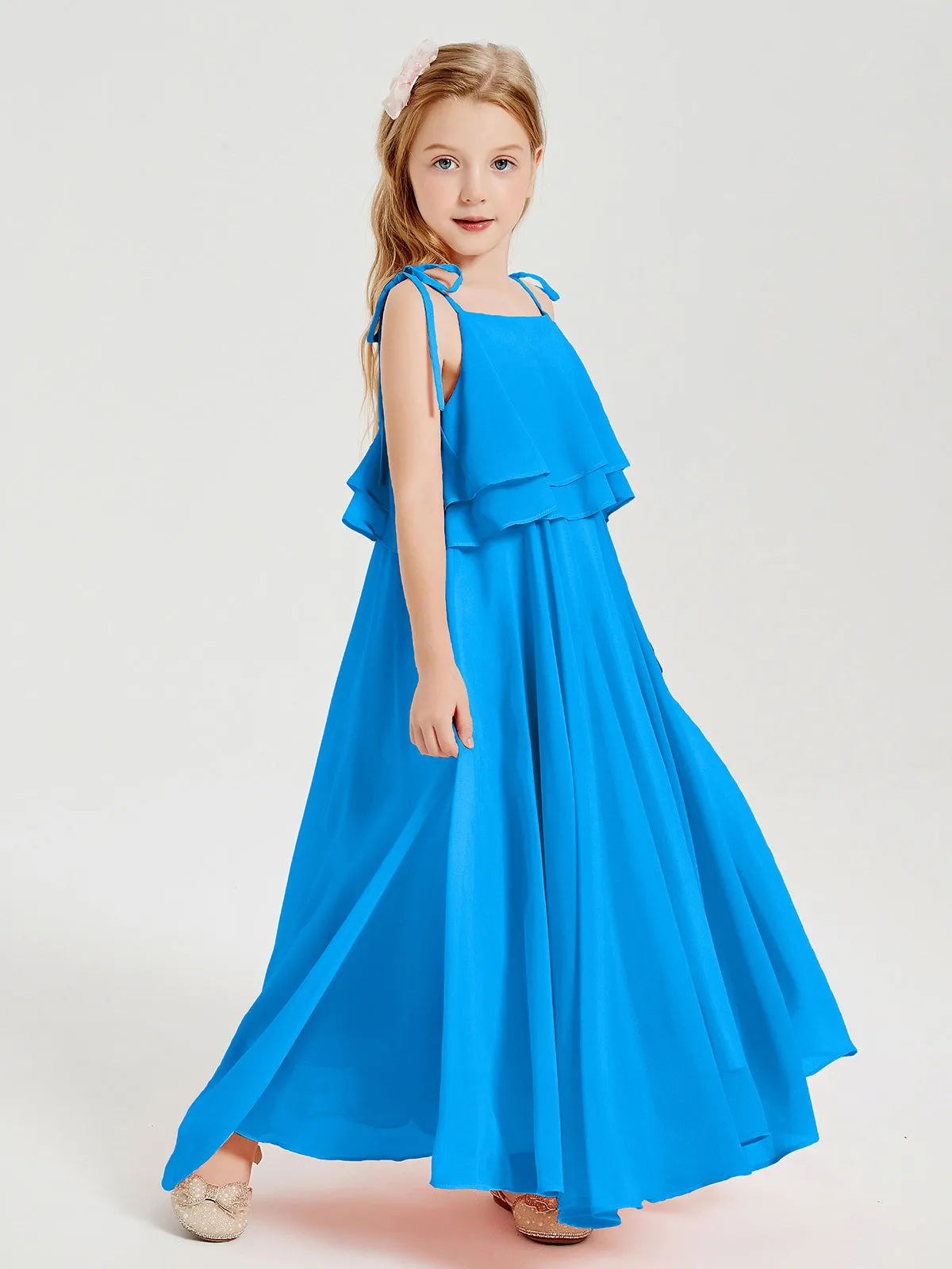 Long Chiffon Junior Bridesmaid Dresses Bowknot Spaghetti Straps Ocean Blue