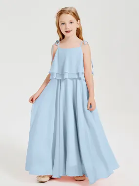 Long Chiffon Junior Bridesmaid Dresses Bowknot Spaghetti Straps Sky Blue
