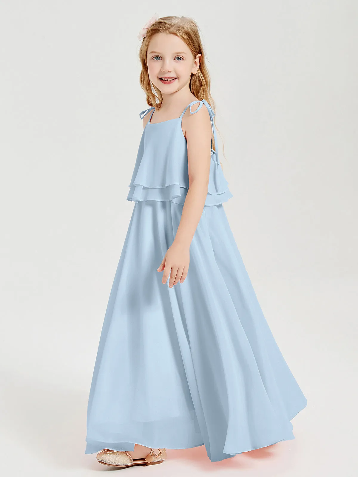 Long Chiffon Junior Bridesmaid Dresses Bowknot Spaghetti Straps Sky Blue