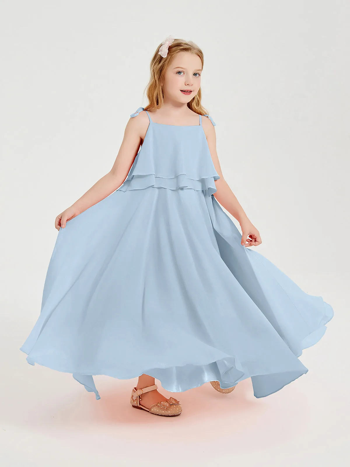 Long Chiffon Junior Bridesmaid Dresses Bowknot Spaghetti Straps Sky Blue