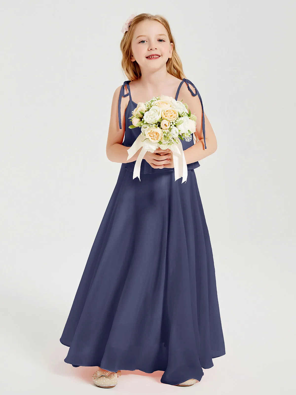 Long Chiffon Junior Bridesmaid Dresses Bowknot Spaghetti Straps Stormy