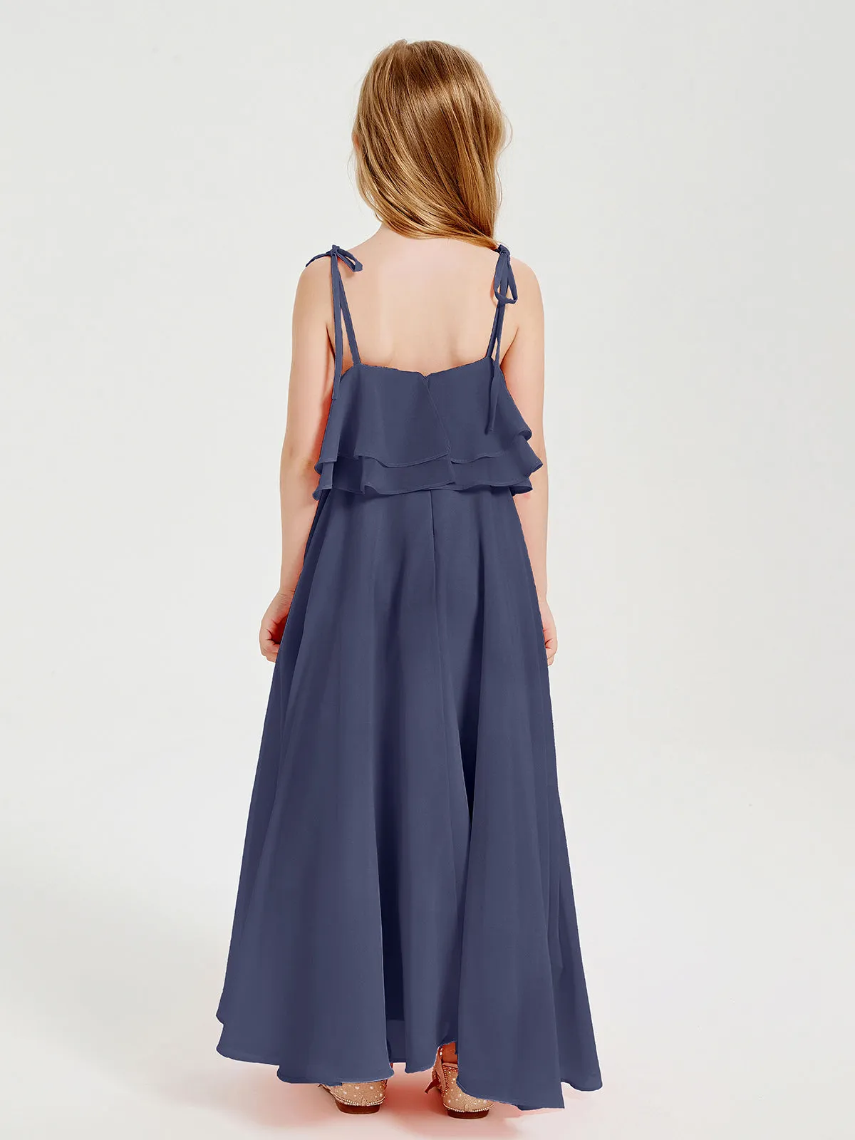 Long Chiffon Junior Bridesmaid Dresses Bowknot Spaghetti Straps Stormy