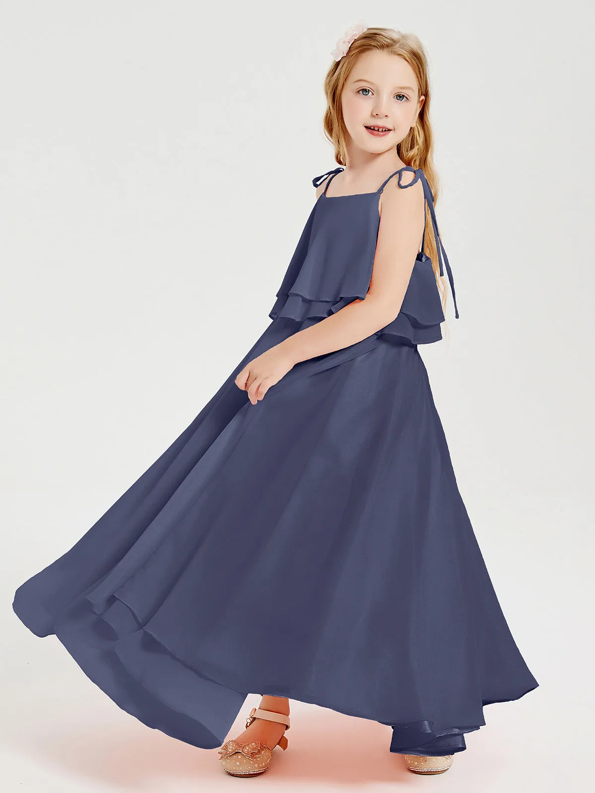 Long Chiffon Junior Bridesmaid Dresses Bowknot Spaghetti Straps Stormy