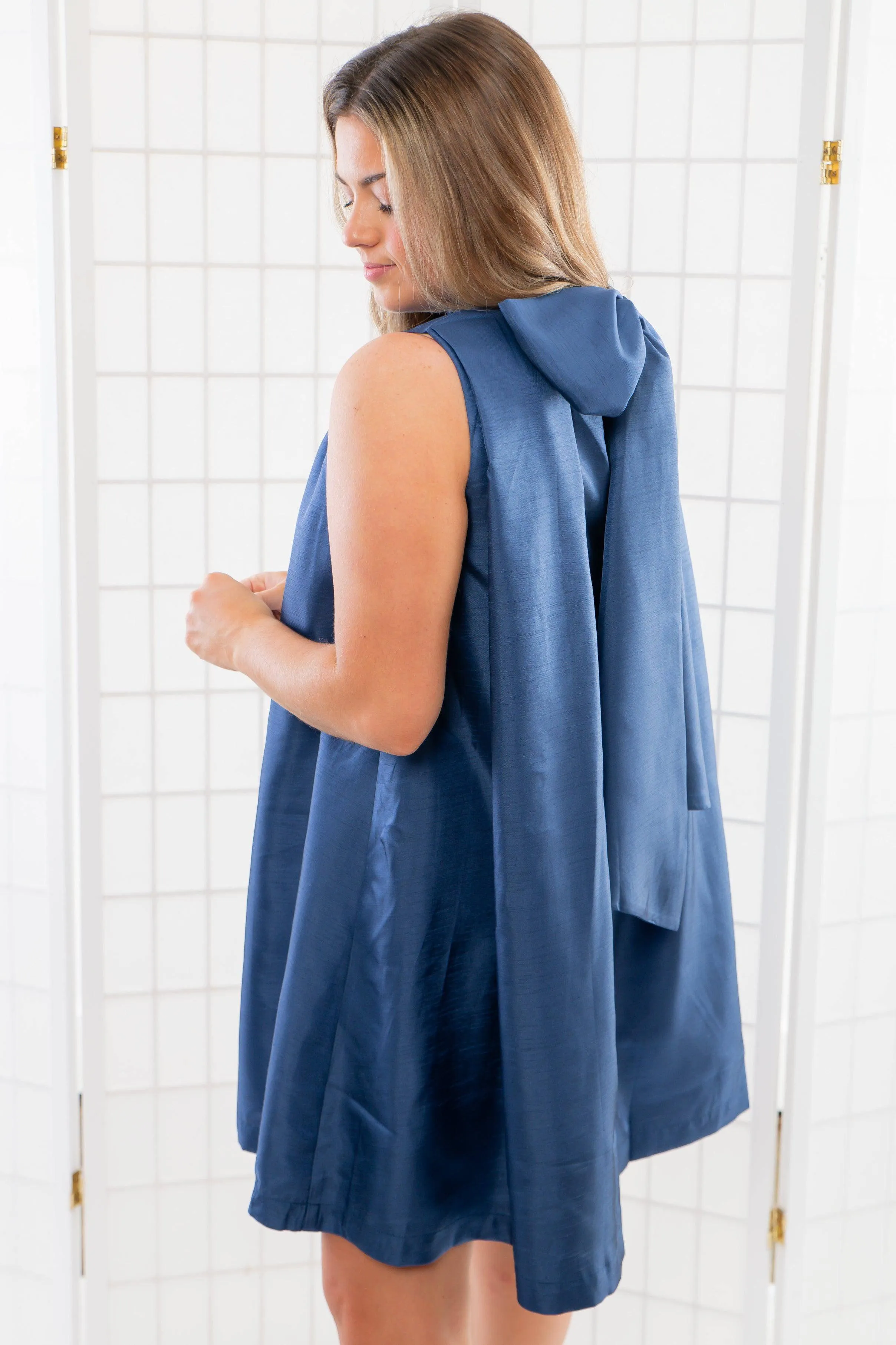 Looking Back Royal Blue Tie Neck A Line Mini Dress