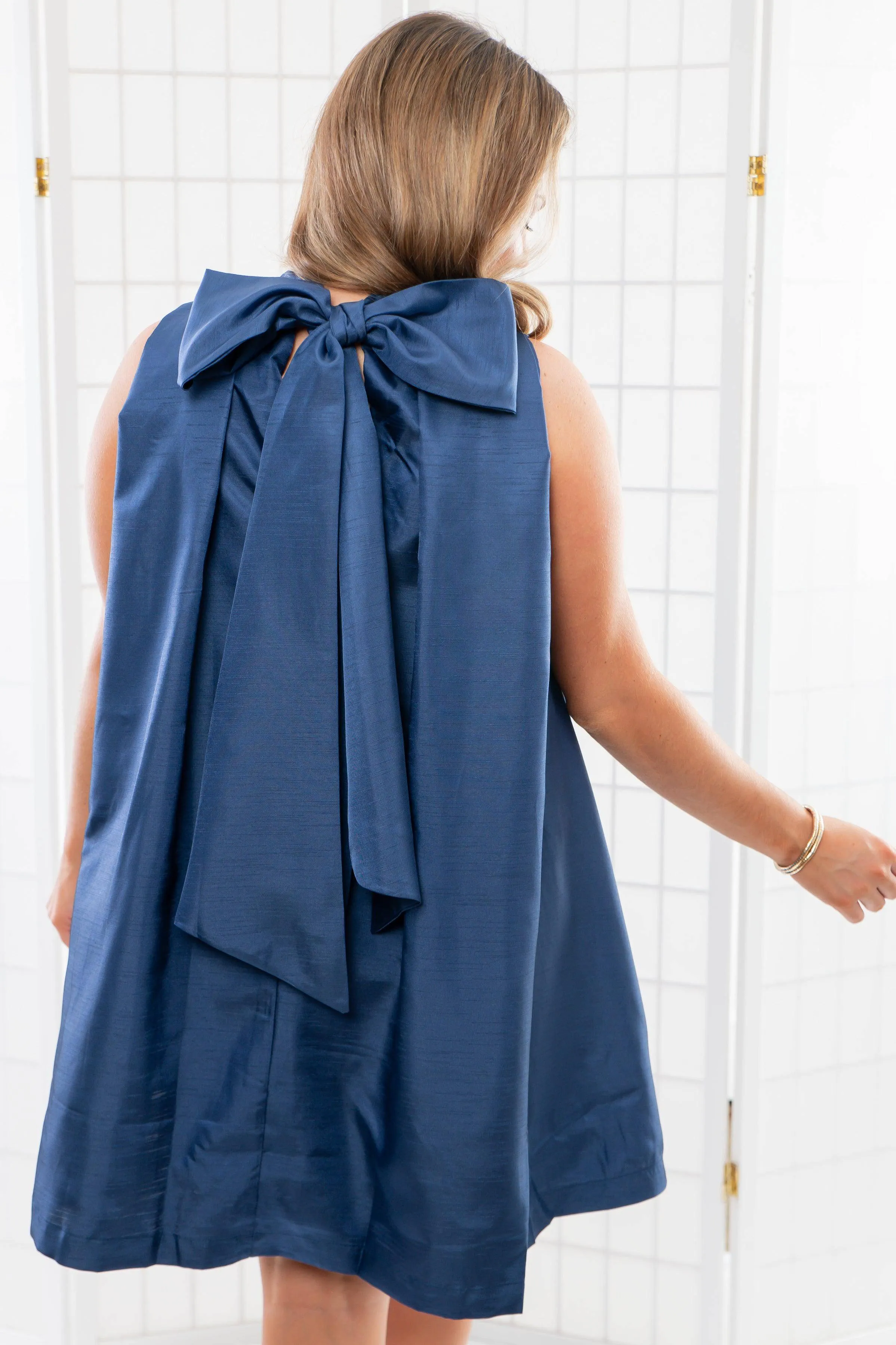 Looking Back Royal Blue Tie Neck A Line Mini Dress
