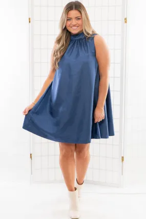 Looking Back Royal Blue Tie Neck A Line Mini Dress
