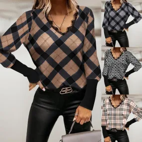 Loose Long Sleeved Pullover V Neck Check Print Blouse