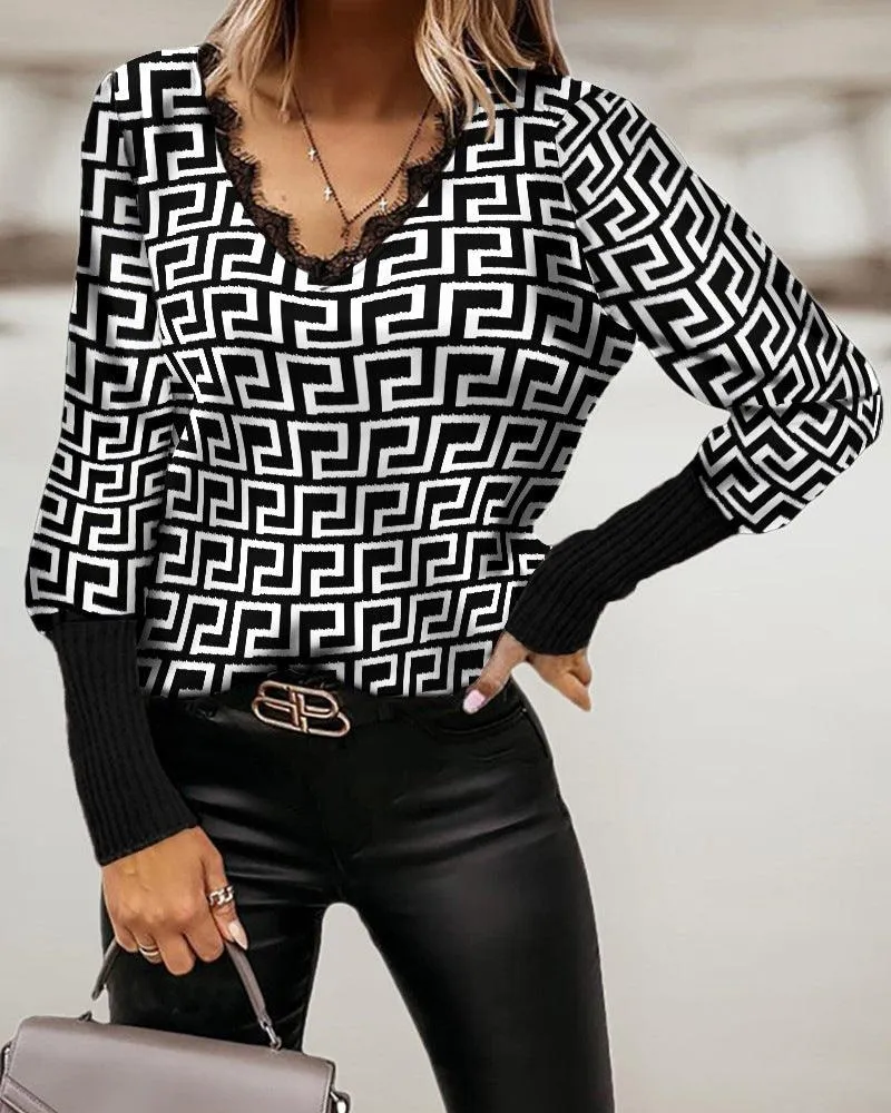 Loose Long Sleeved Pullover V Neck Check Print Blouse