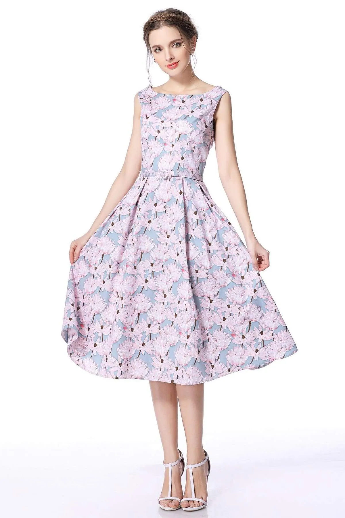 Lotus Grey Pink Boat Neck Cotton Vintage Dress