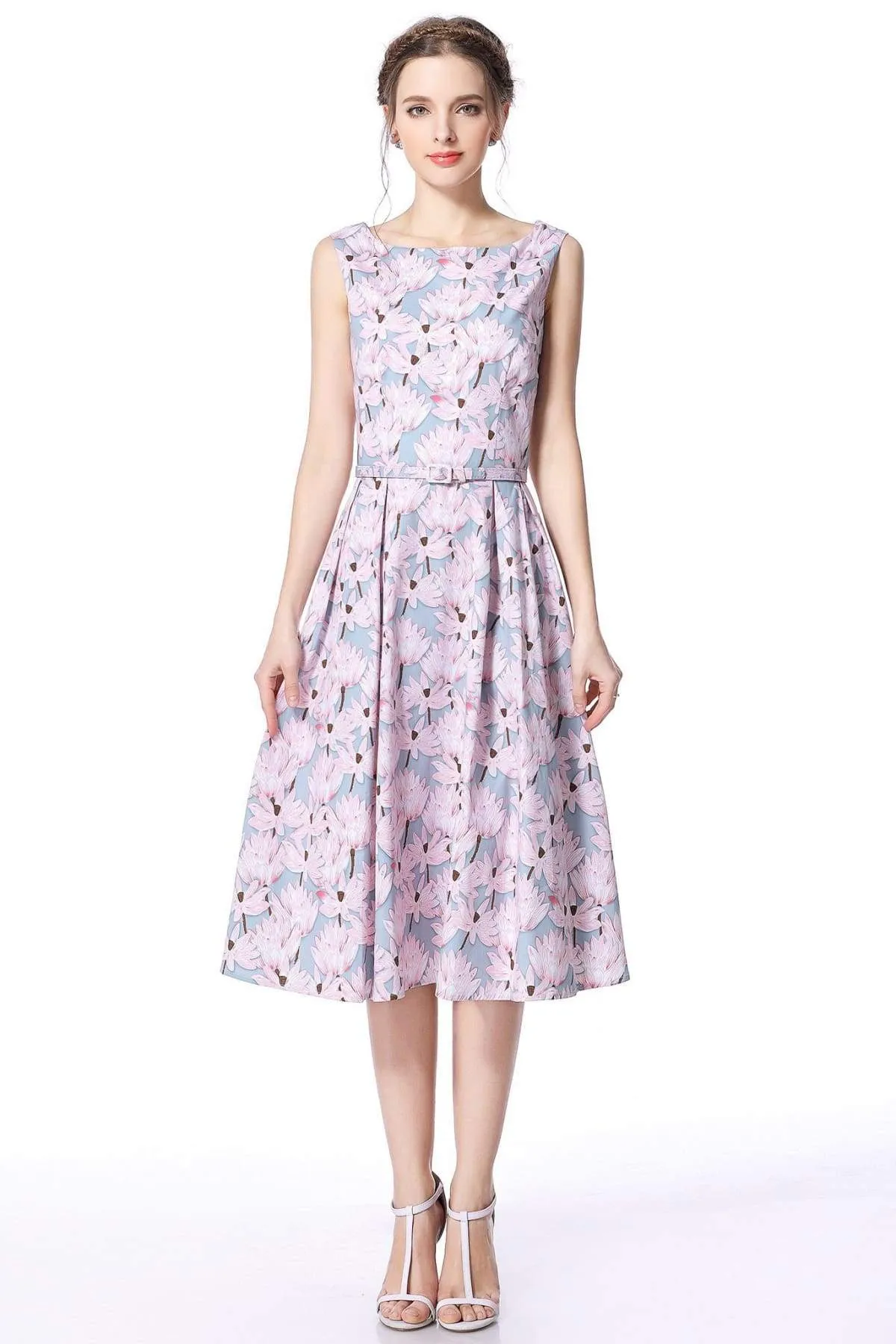 Lotus Grey Pink Boat Neck Cotton Vintage Dress