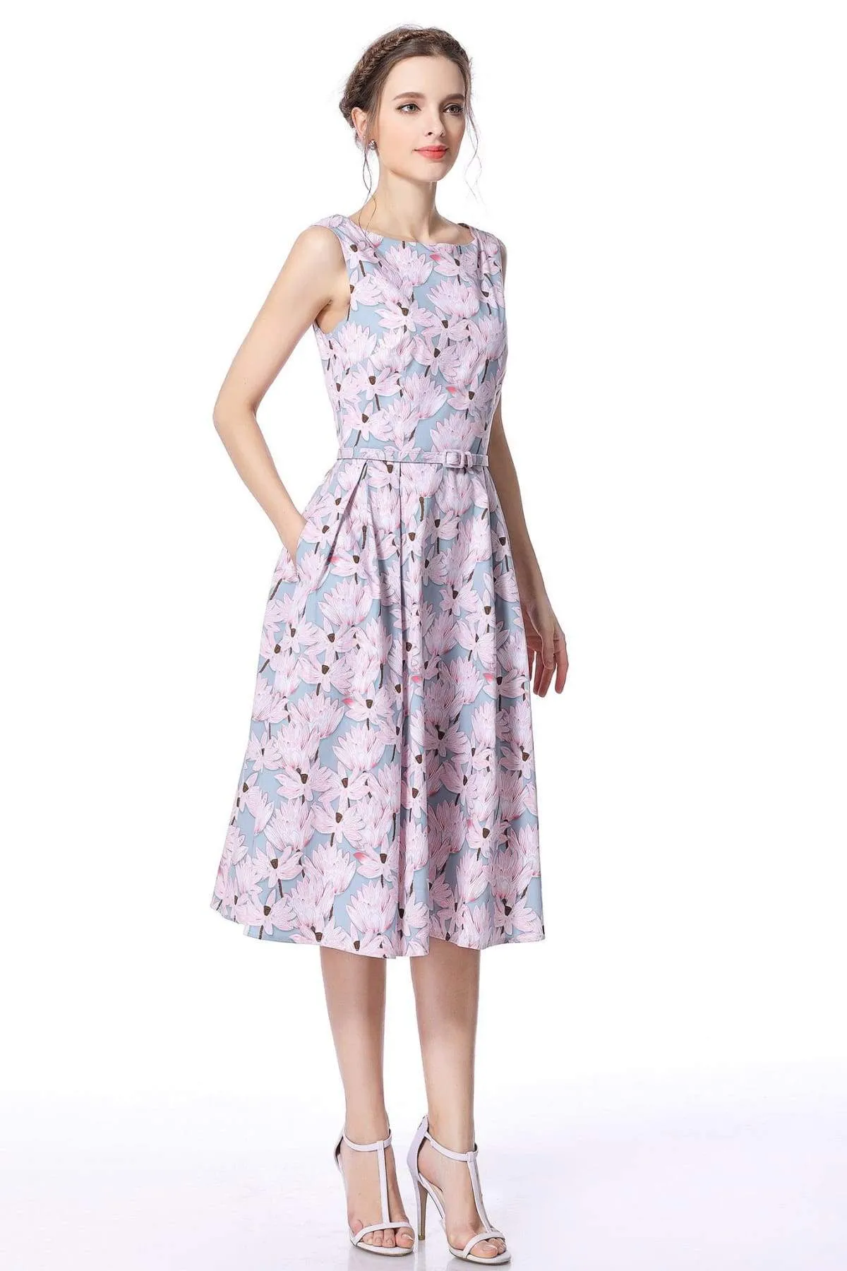Lotus Grey Pink Boat Neck Cotton Vintage Dress