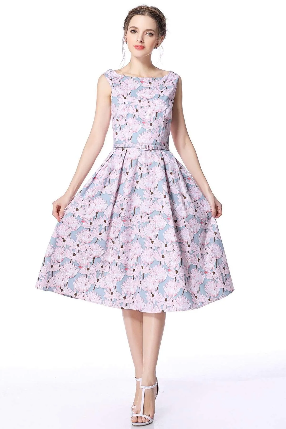 Lotus Grey Pink Boat Neck Cotton Vintage Dress