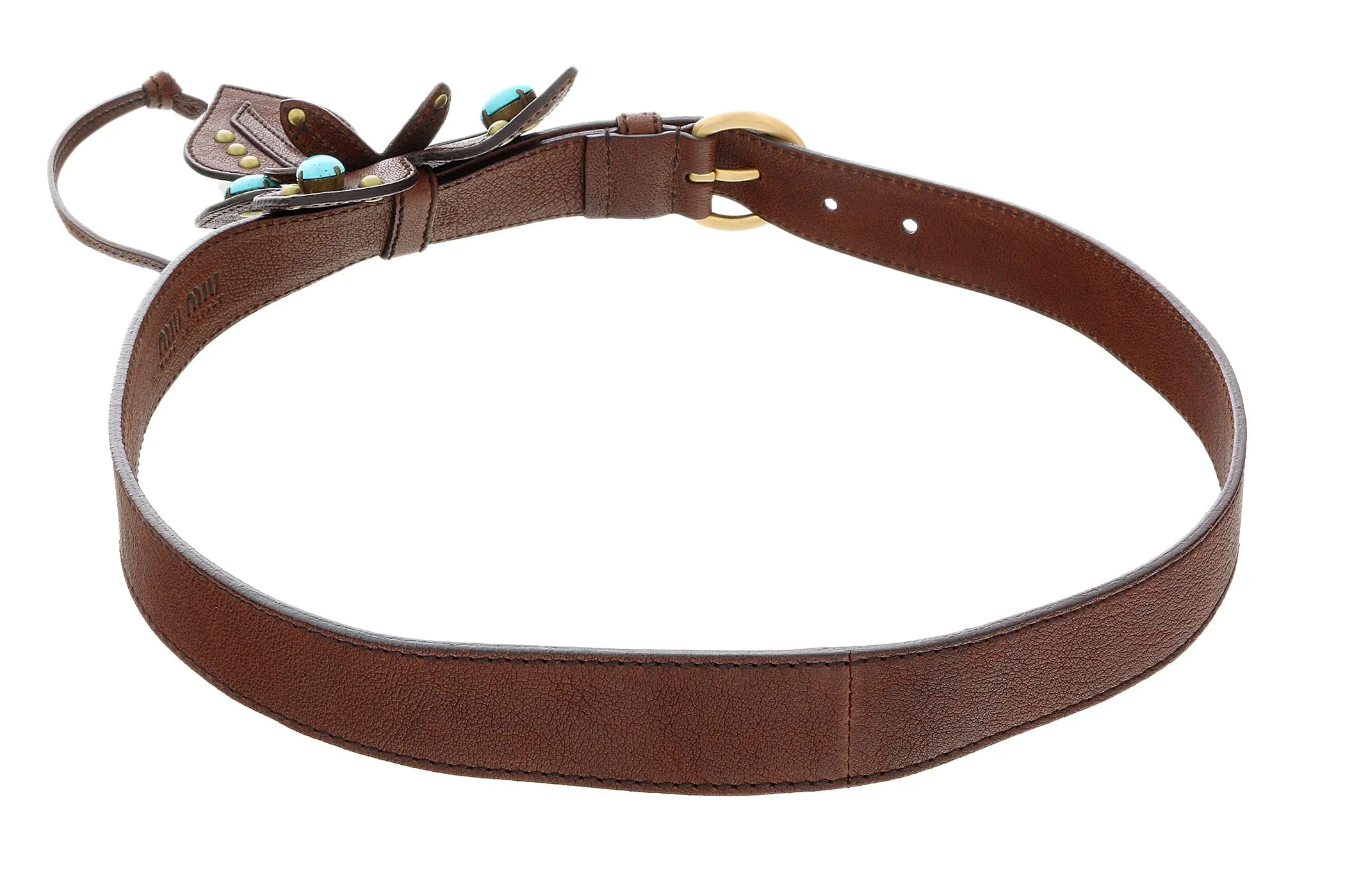 Miu Miu Brown Leather Turquoise Bead Floral Applique  Belt-