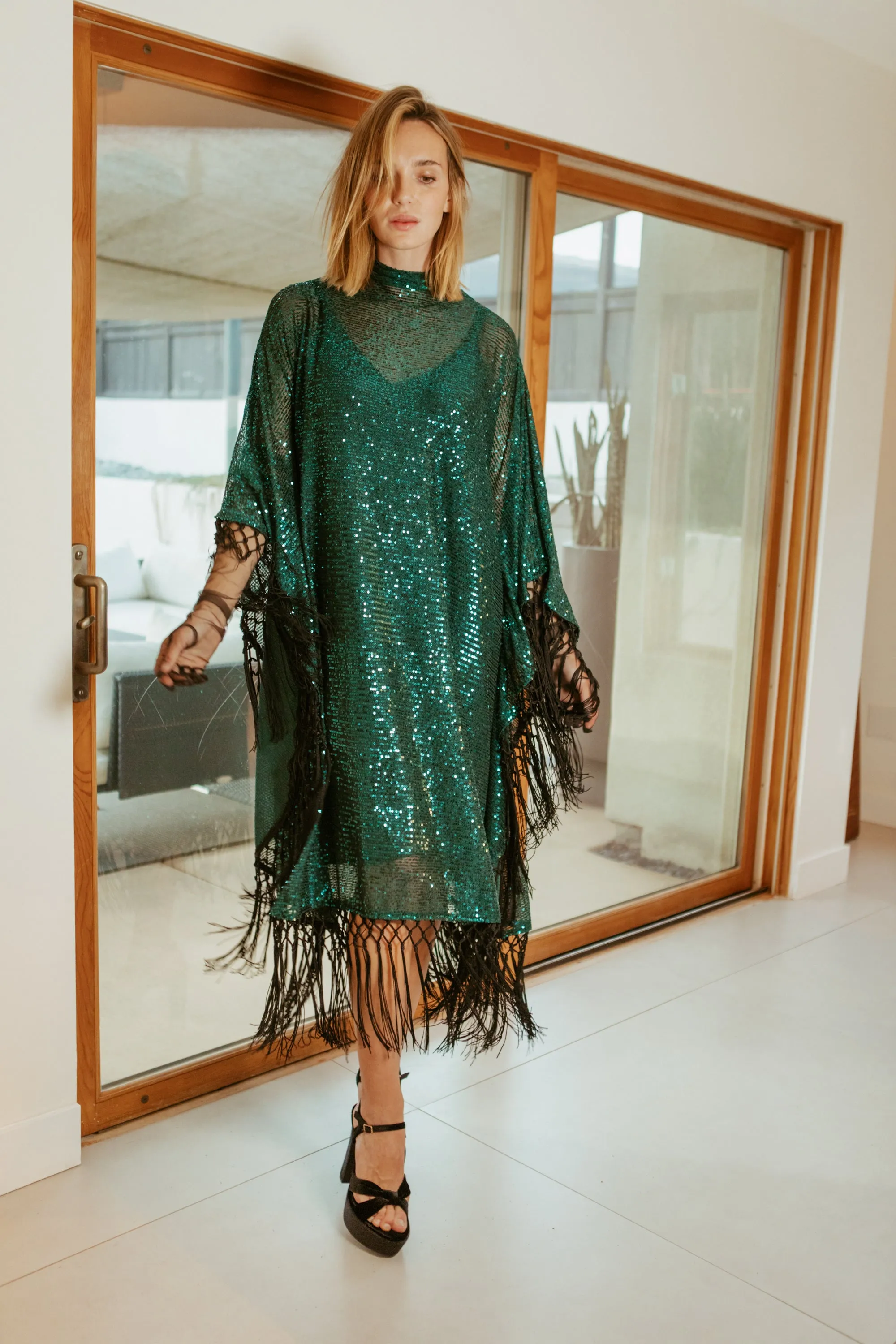 Monte Carlo Jade Mock Neck Caftan Kaftan Dress with Slip