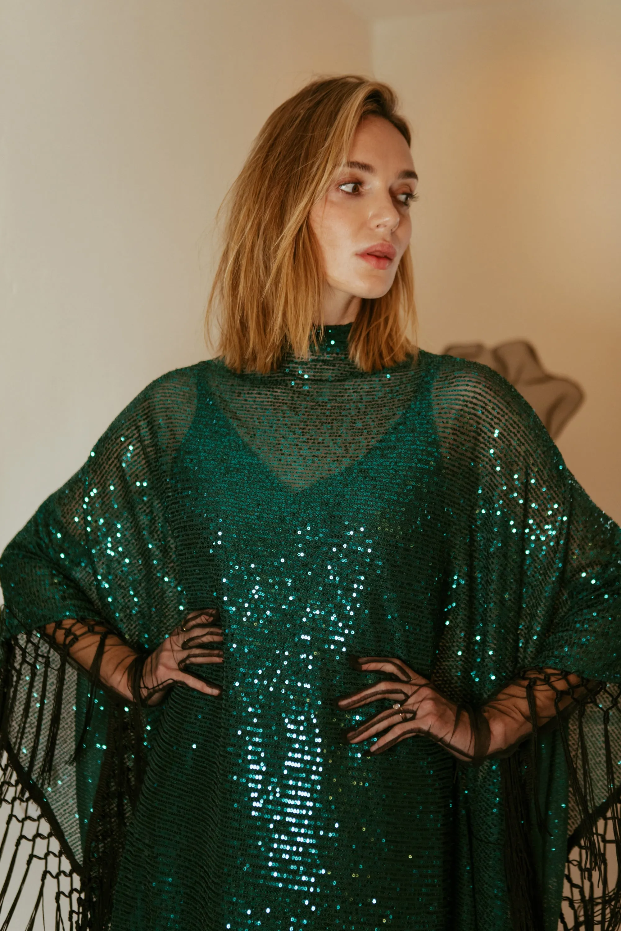 Monte Carlo Jade Mock Neck Caftan Kaftan Dress with Slip