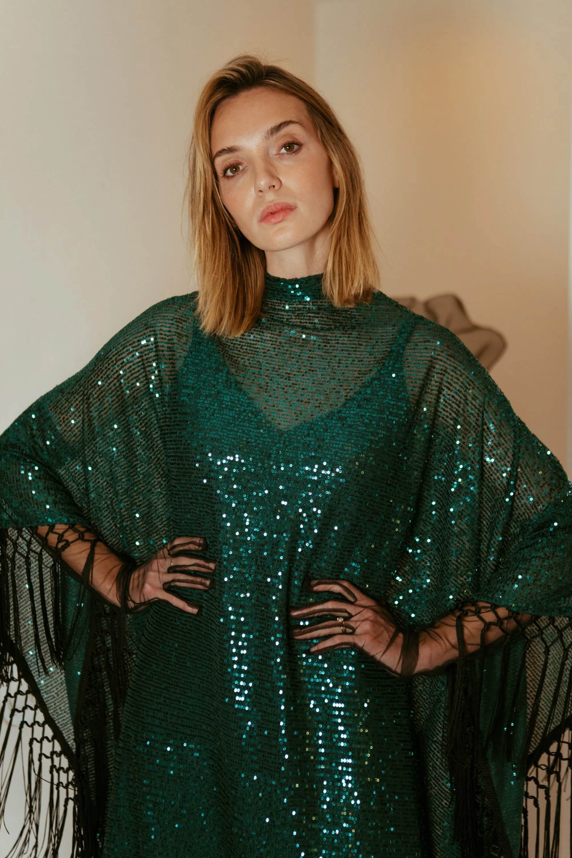 Monte Carlo Jade Mock Neck Caftan Kaftan Dress with Slip