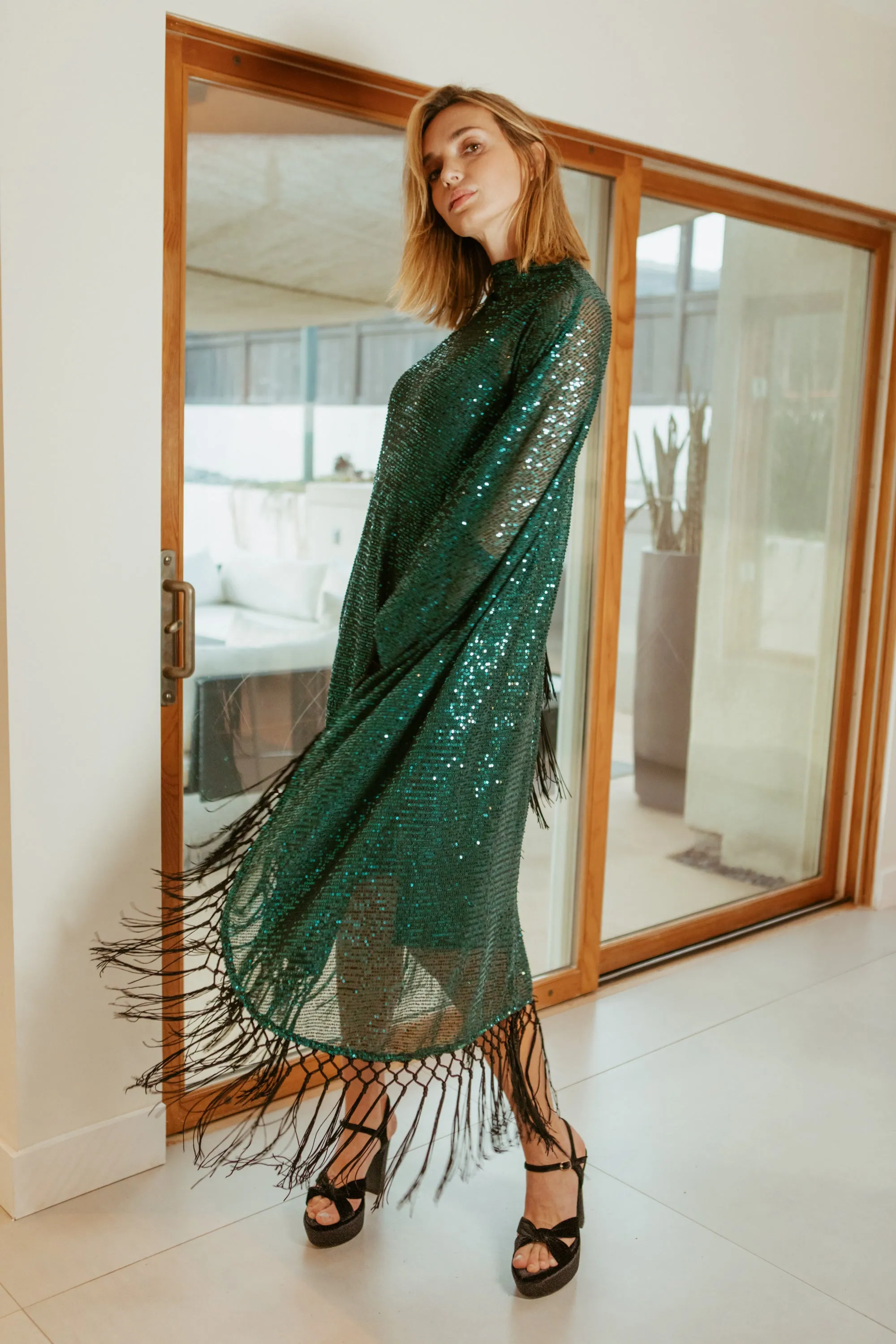 Monte Carlo Jade Mock Neck Caftan Kaftan Dress with Slip