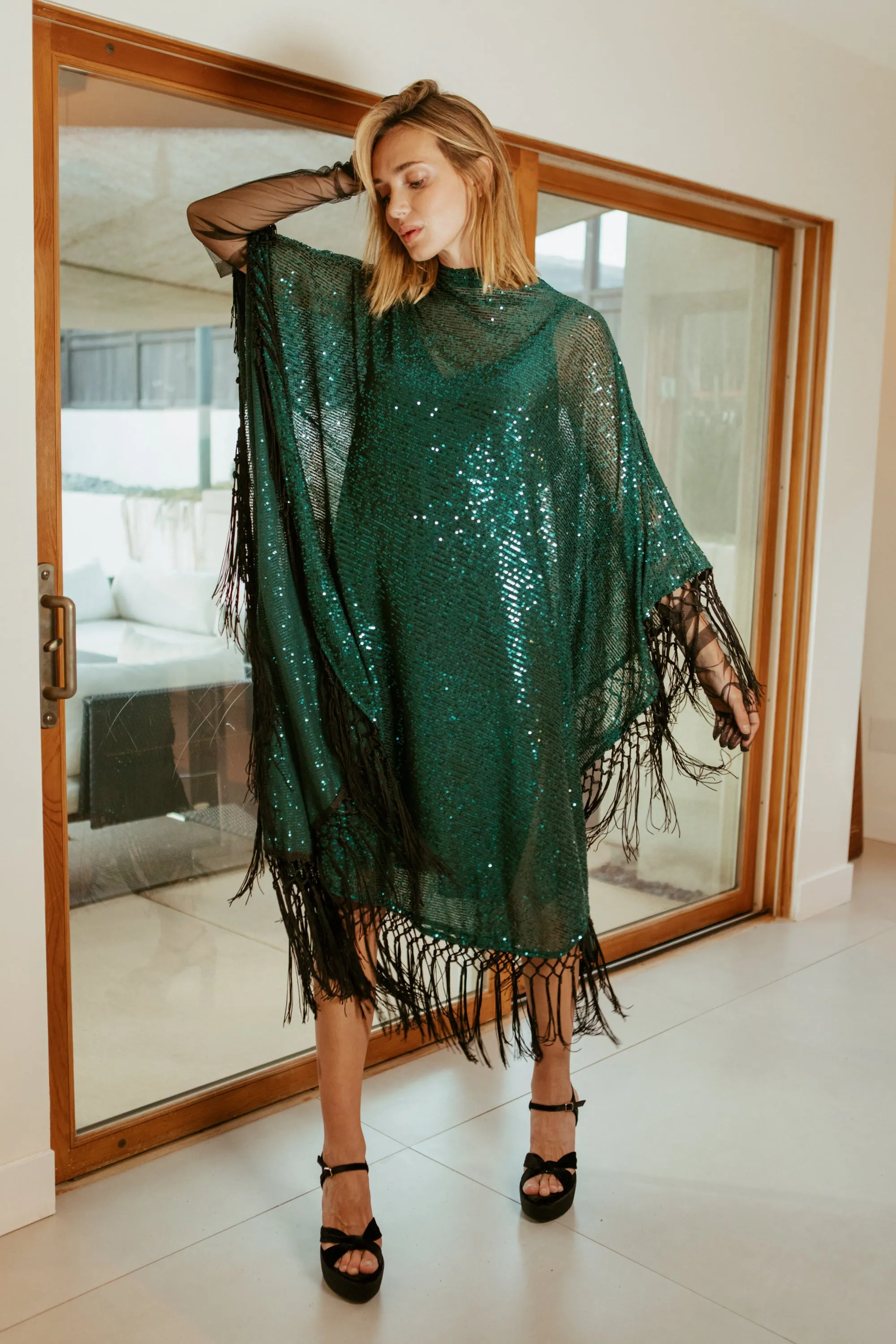 Monte Carlo Jade Mock Neck Caftan Kaftan Dress with Slip