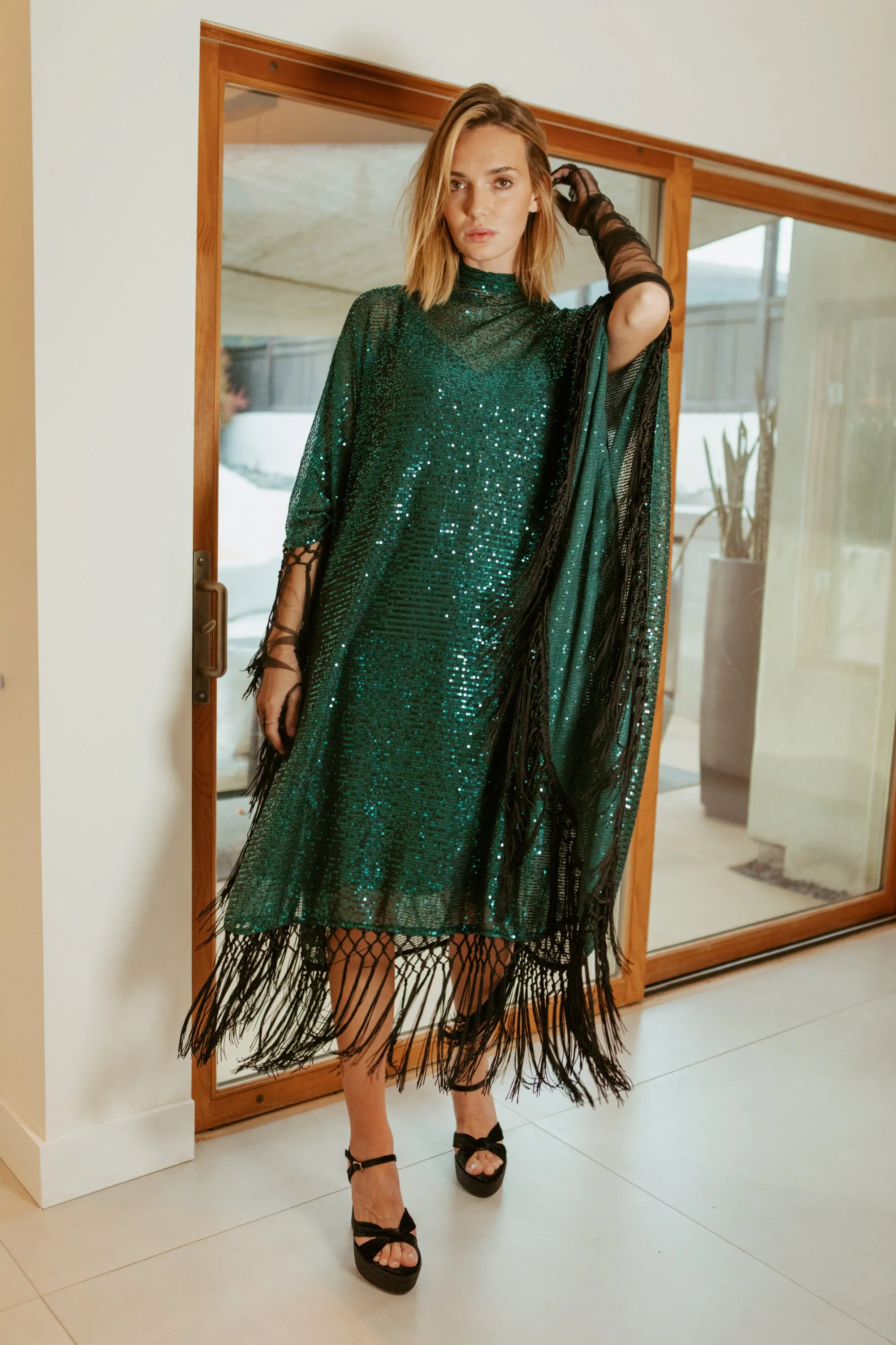 Monte Carlo Jade Mock Neck Caftan Kaftan Dress with Slip