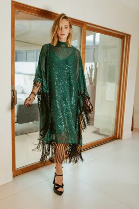 Monte Carlo Jade Mock Neck Caftan Kaftan Dress with Slip