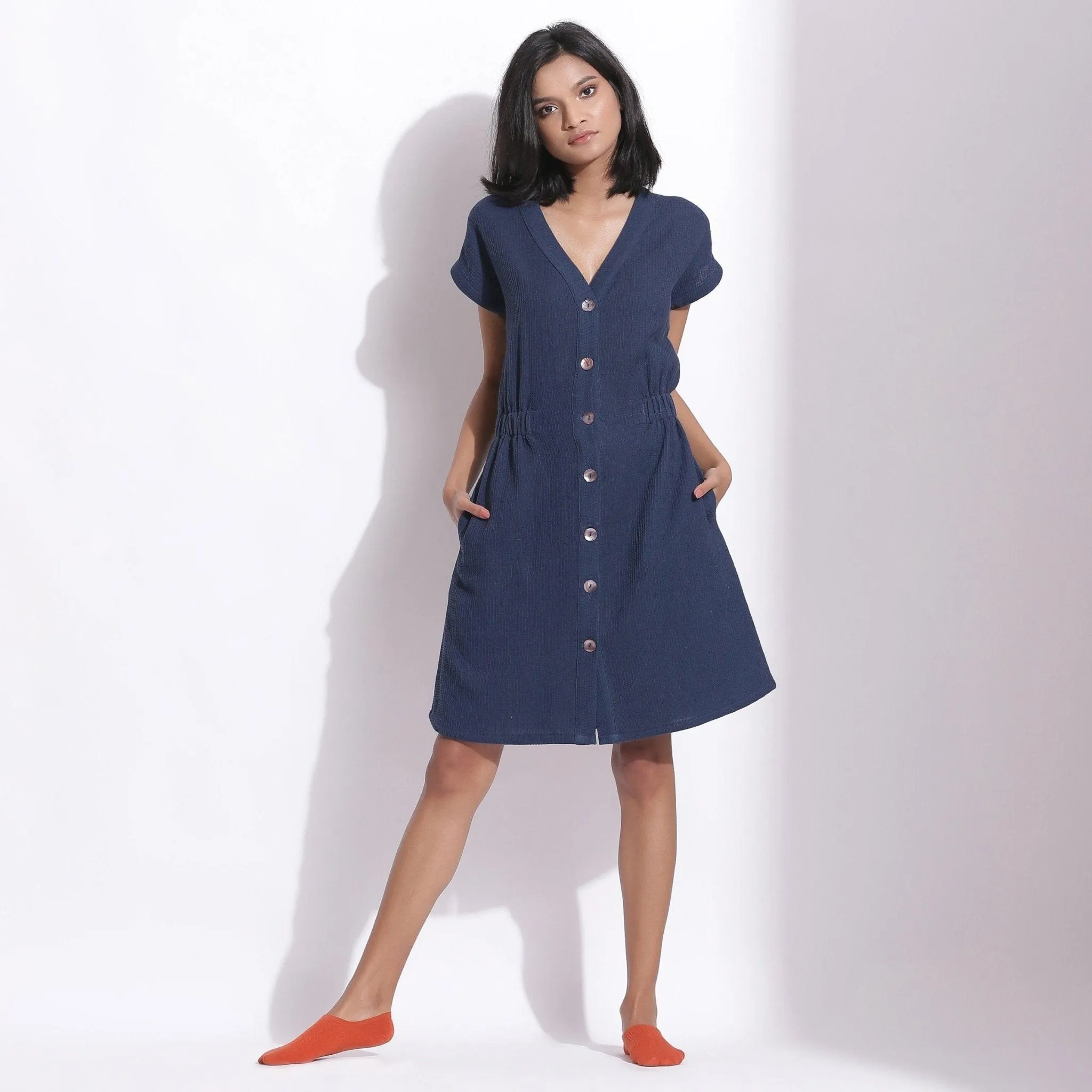 Navy Blue Warm Cotton Waffle Knee Length Button-Down Dress