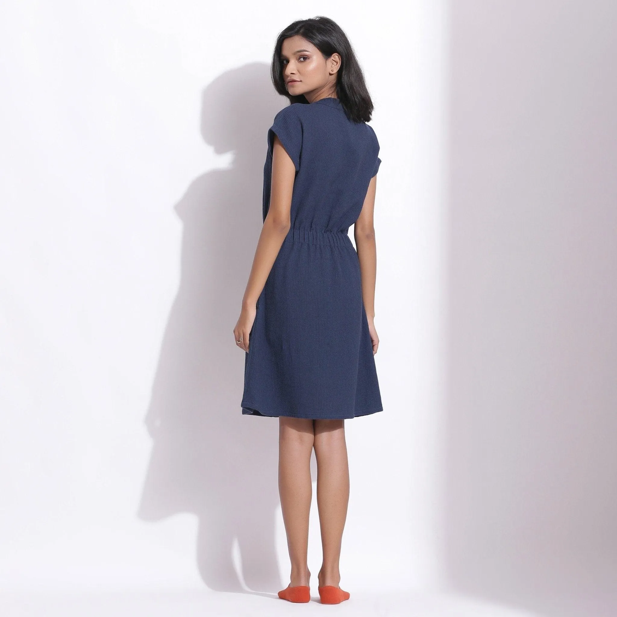 Navy Blue Warm Cotton Waffle Knee Length Button-Down Dress