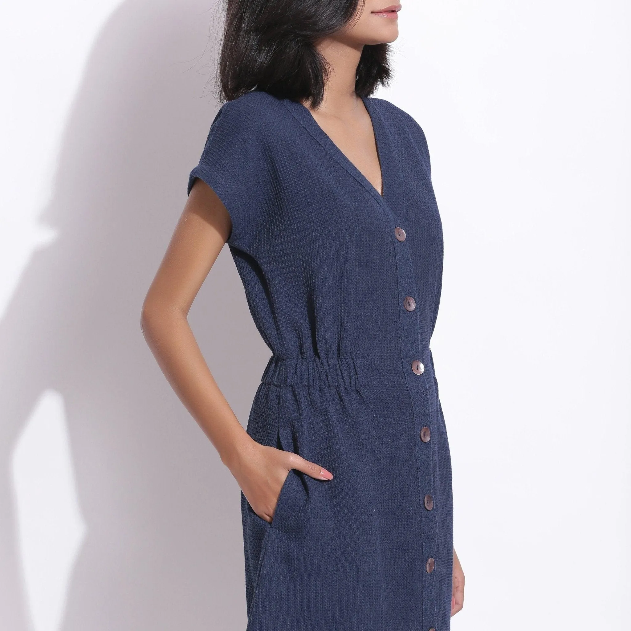 Navy Blue Warm Cotton Waffle Knee Length Button-Down Dress