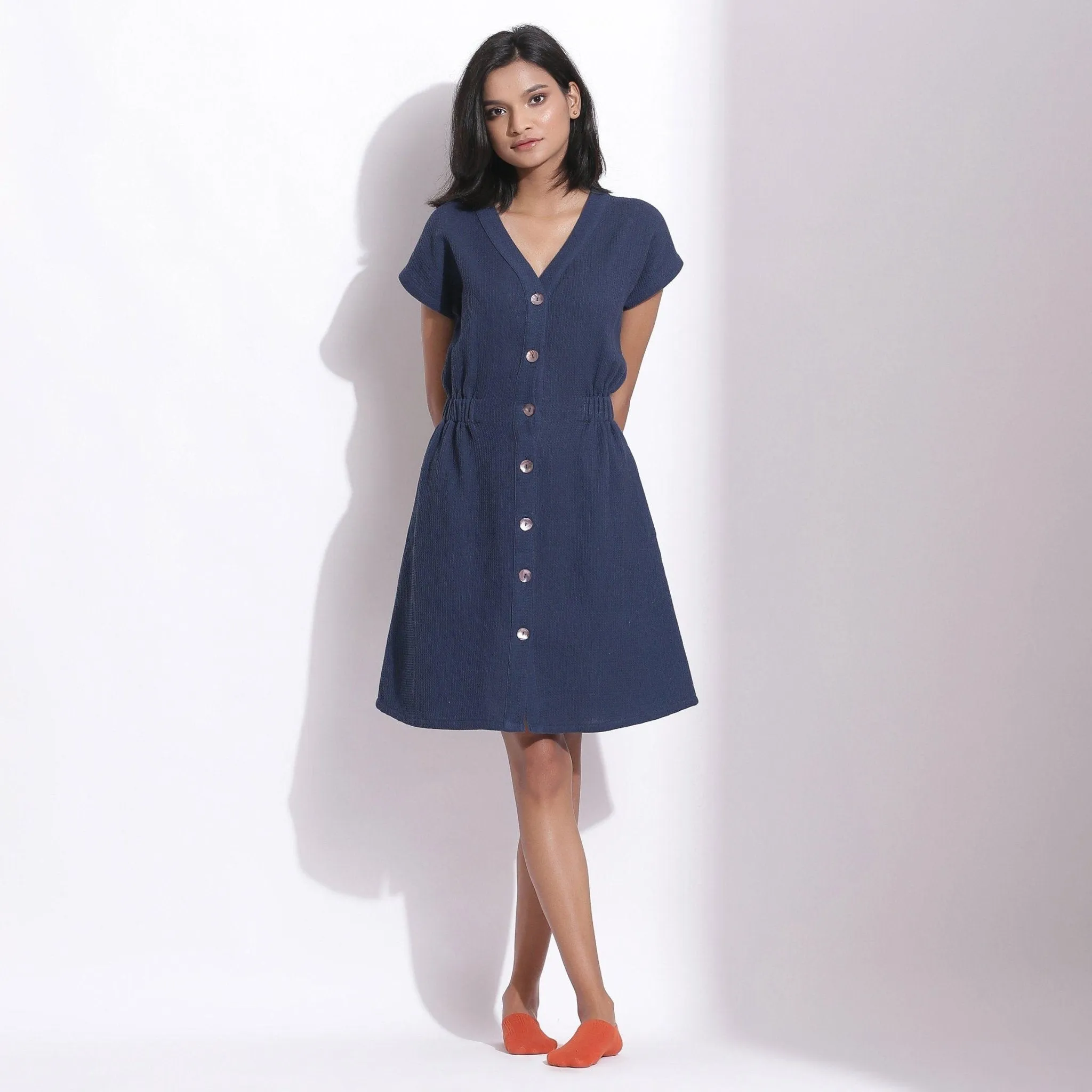 Navy Blue Warm Cotton Waffle Knee Length Button-Down Dress