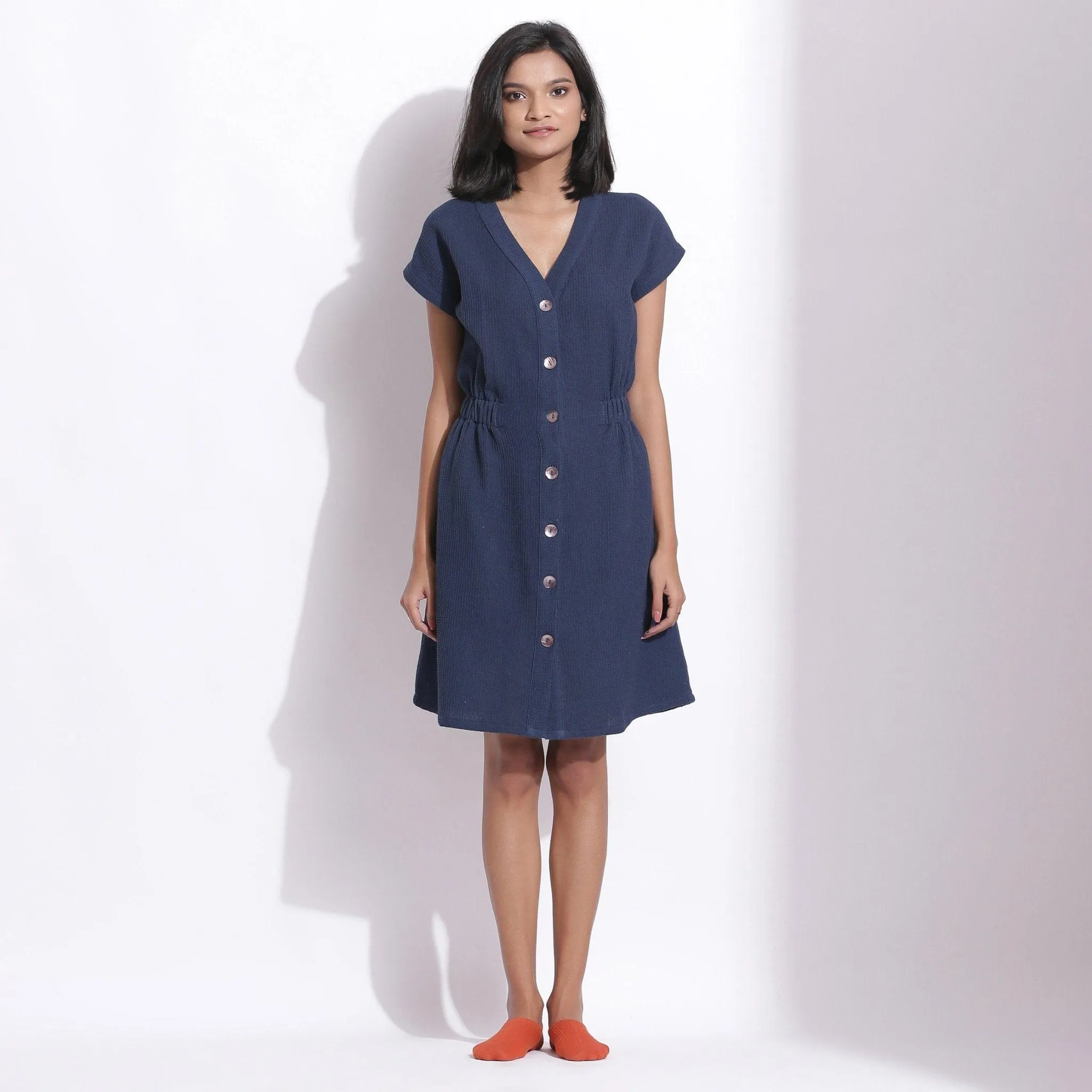 Navy Blue Warm Cotton Waffle Knee Length Button-Down Dress