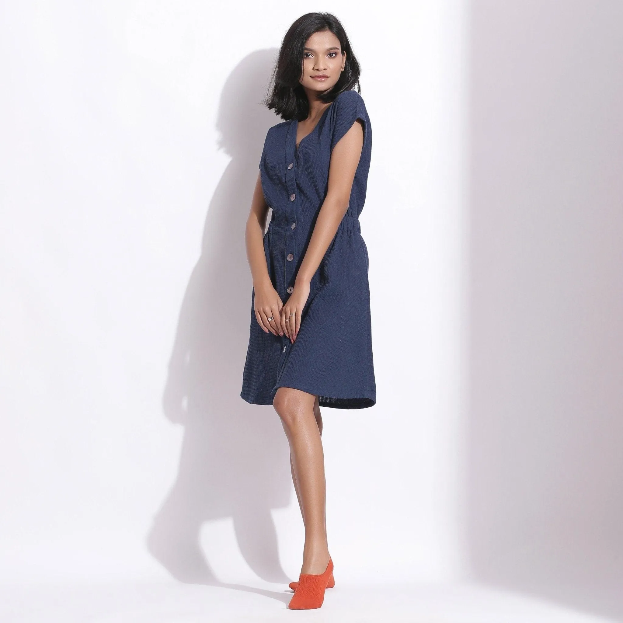Navy Blue Warm Cotton Waffle Knee Length Button-Down Dress