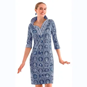 Navy/White Print Ruffle Neck Dress