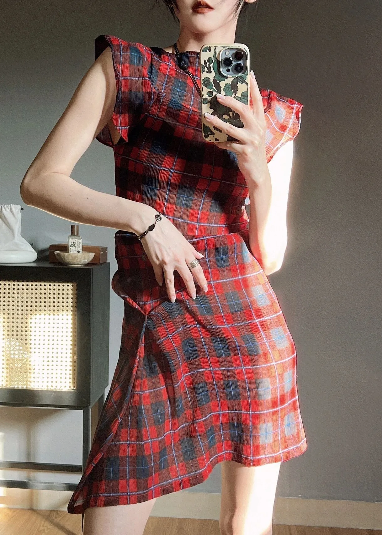 Original Red Plaid O Neck Wrinkled Chiffon Dress Butterfly Sleeve WW1005