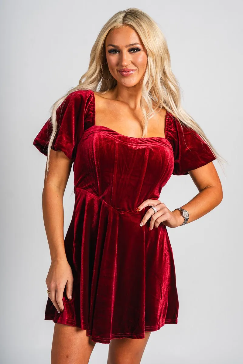 Puff sleeve corset velvet dress burgundy