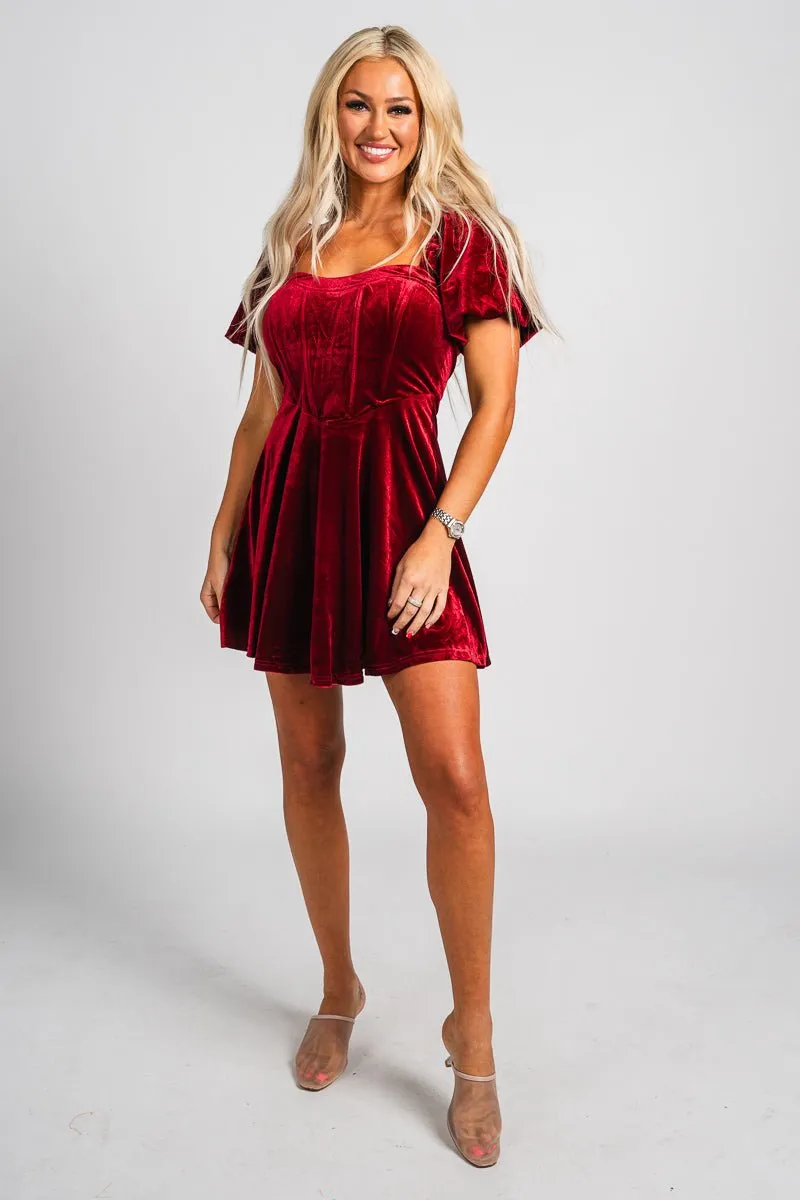 Puff sleeve corset velvet dress burgundy