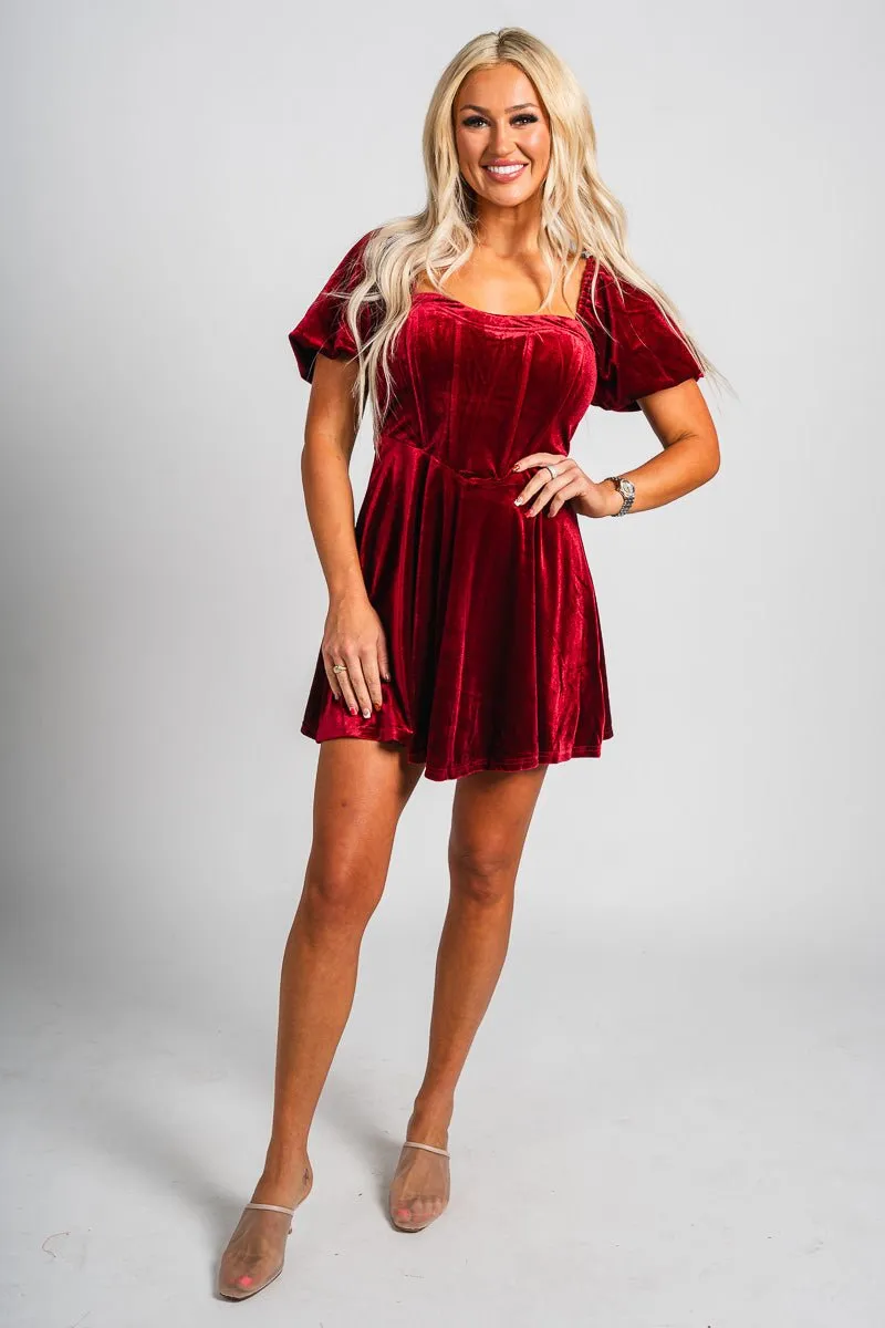 Puff sleeve corset velvet dress burgundy