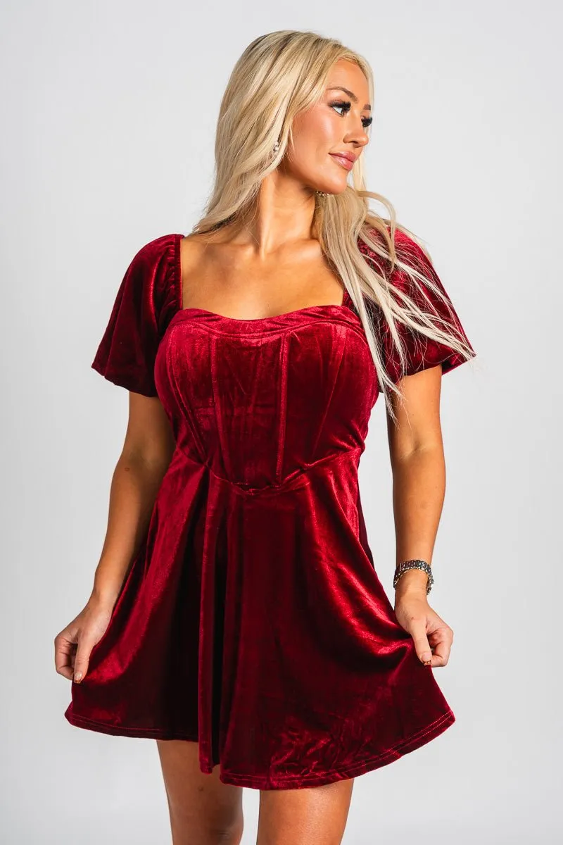 Puff sleeve corset velvet dress burgundy