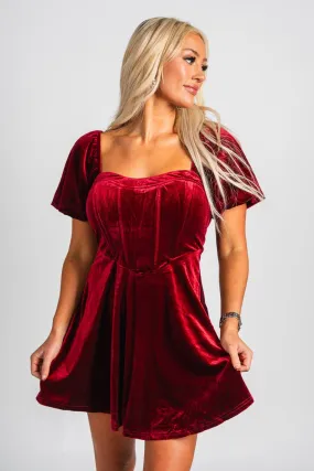 Puff sleeve corset velvet dress burgundy