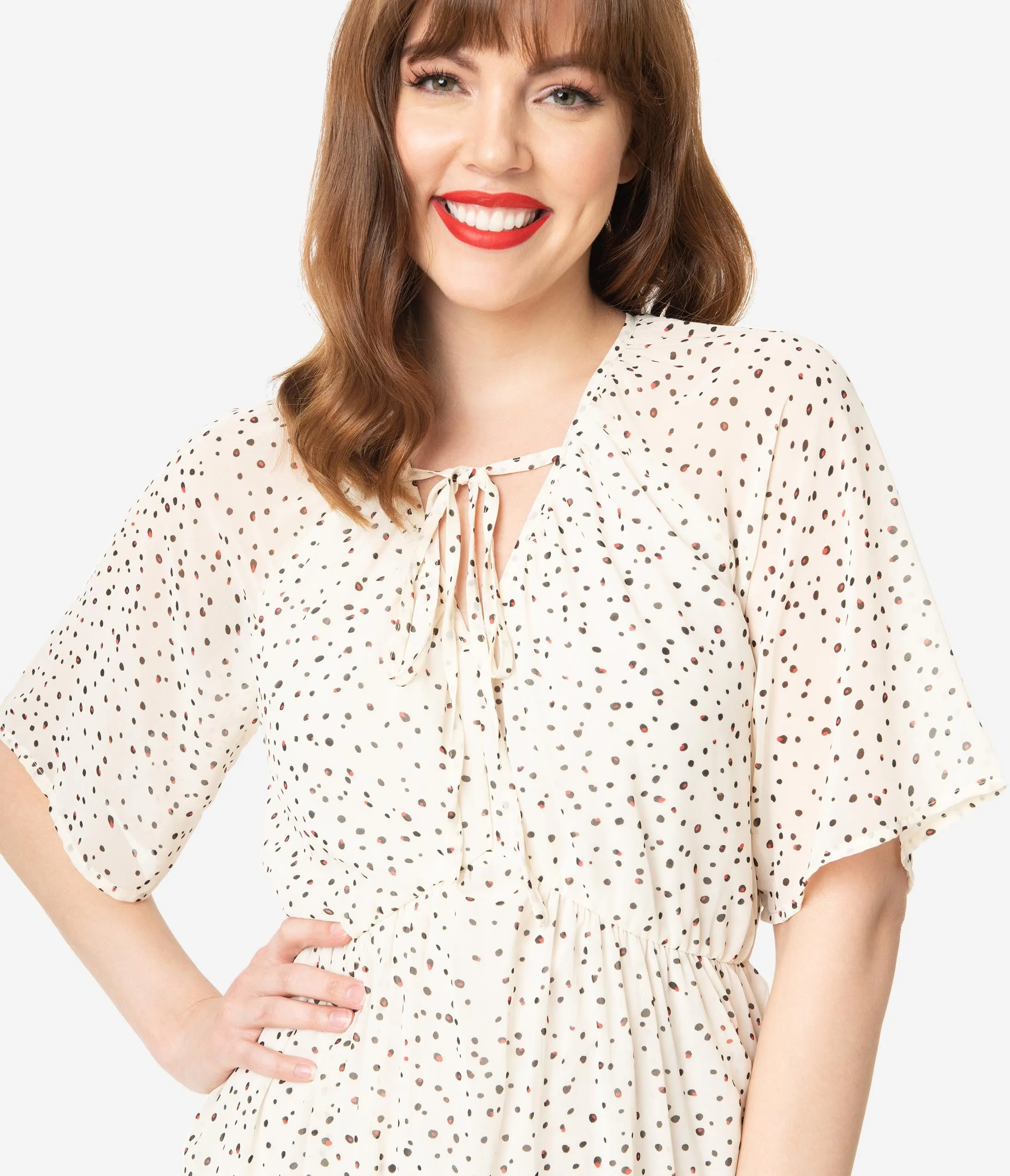 Retro Style Off White & Black Dot Print Midi Dress