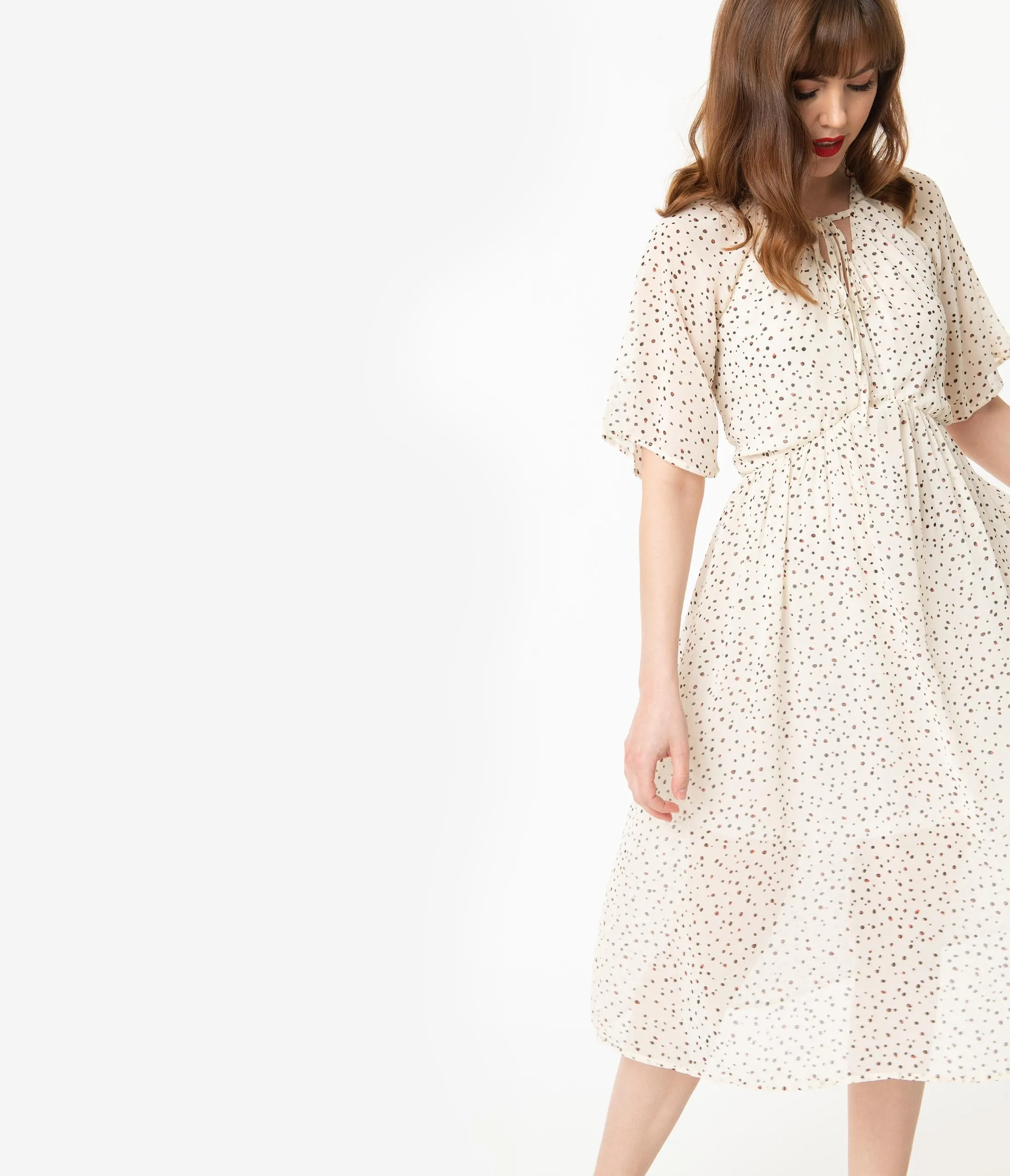 Retro Style Off White & Black Dot Print Midi Dress