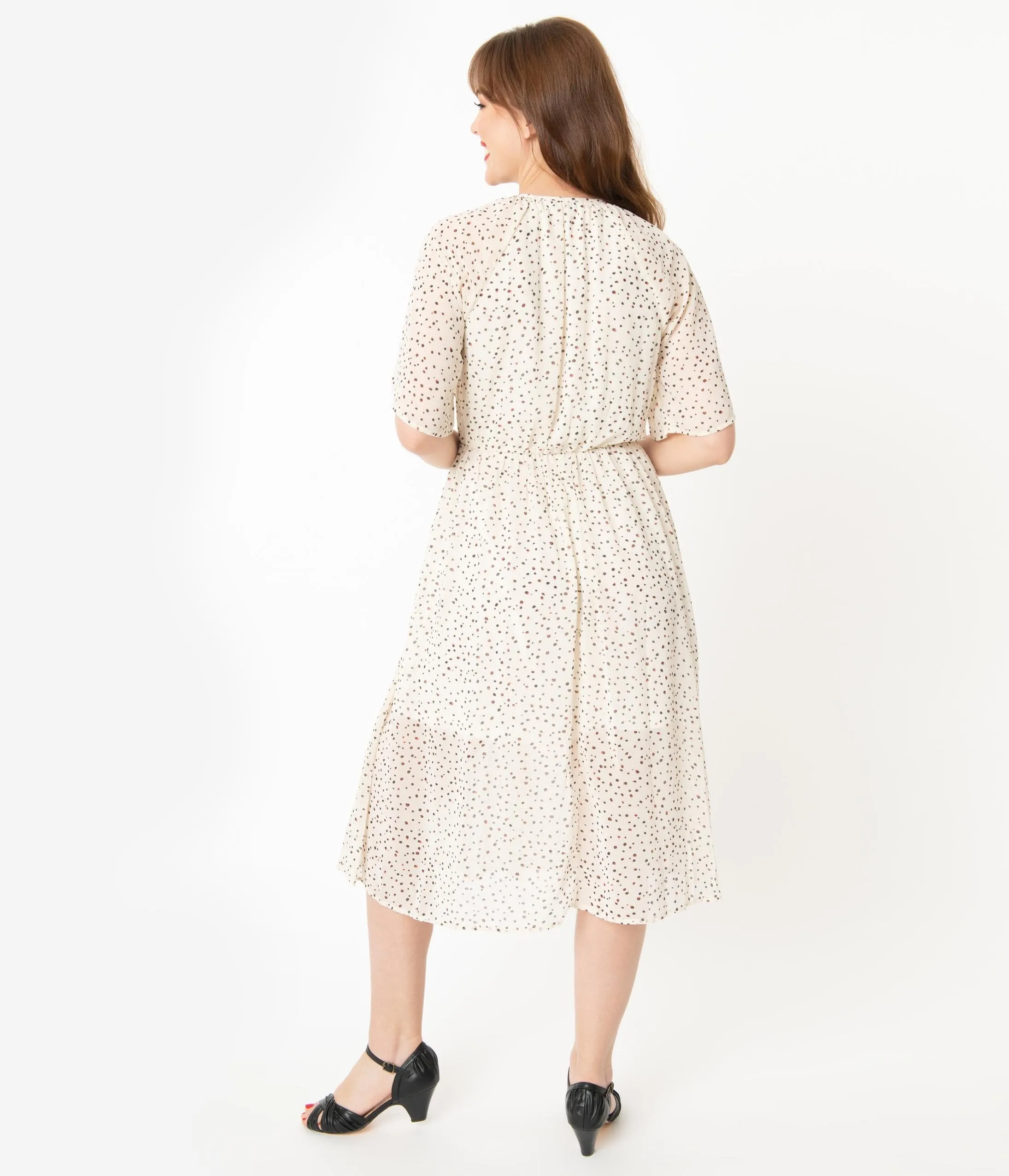 Retro Style Off White & Black Dot Print Midi Dress