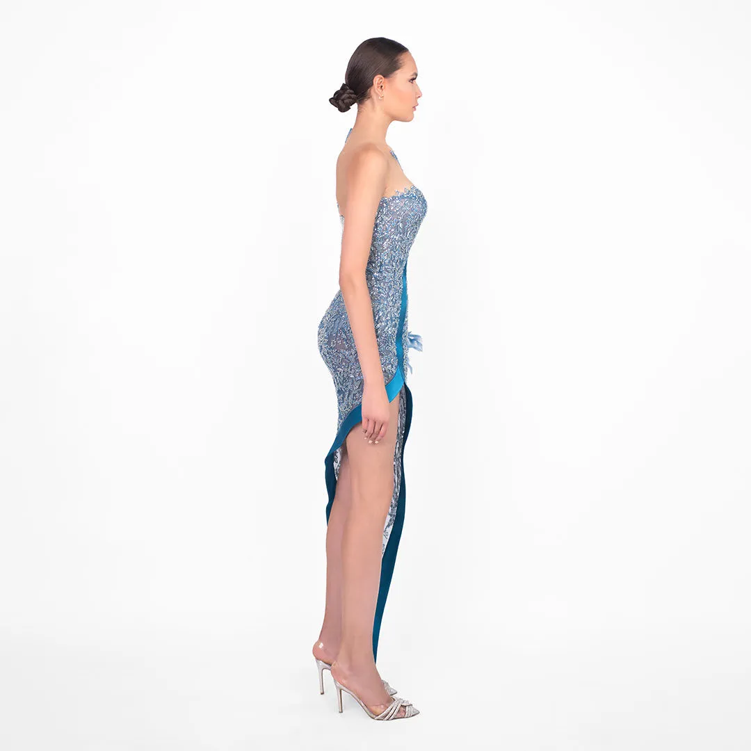 Sapphire Elegance Plume Dress