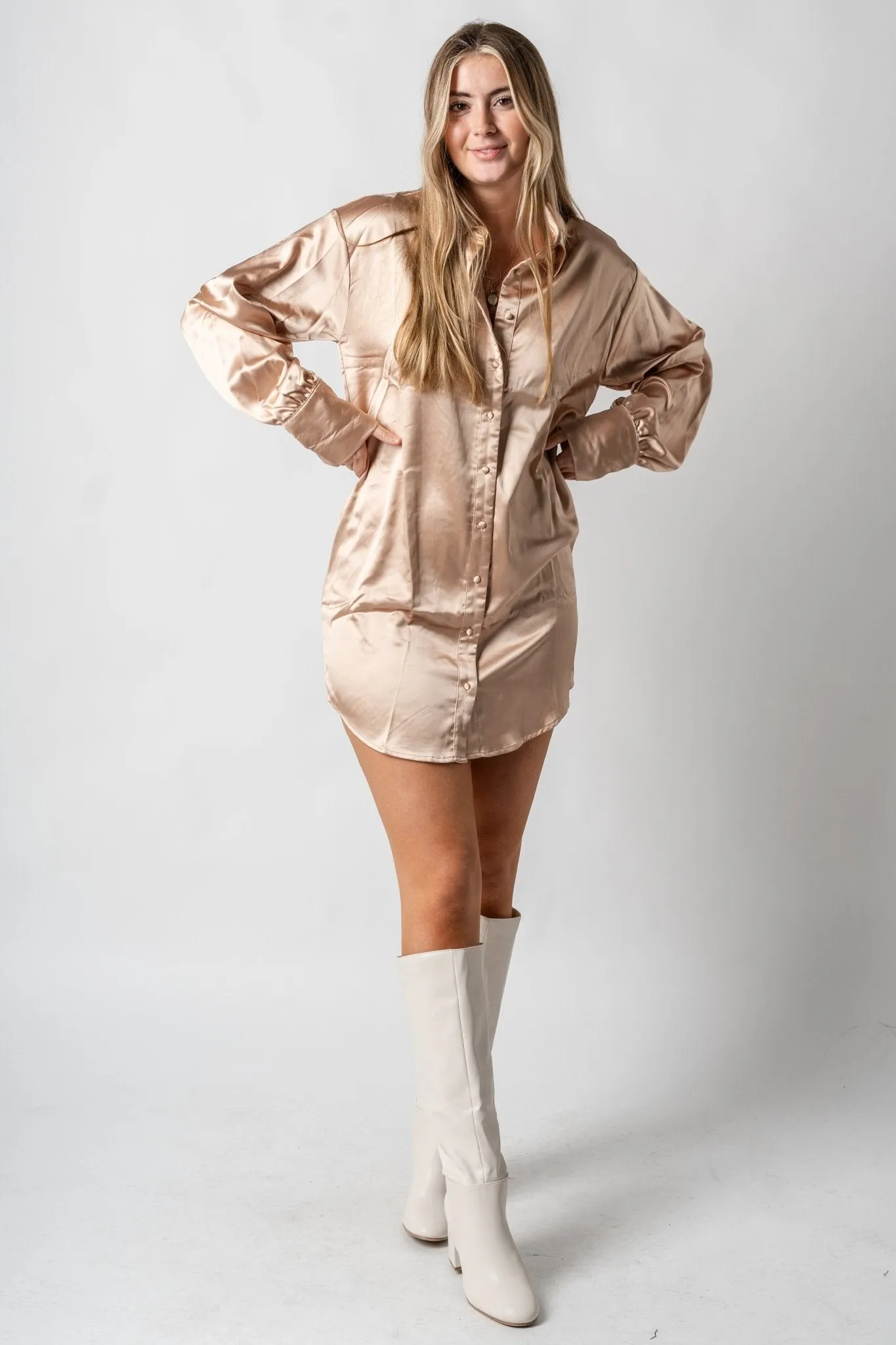 Satin button down dress latte