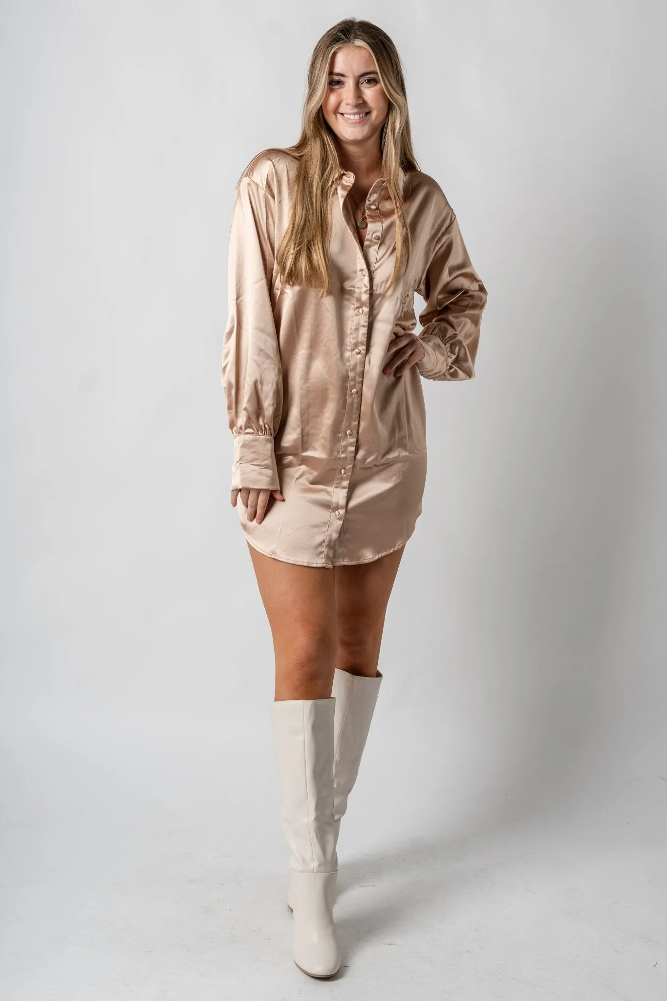 Satin button down dress latte