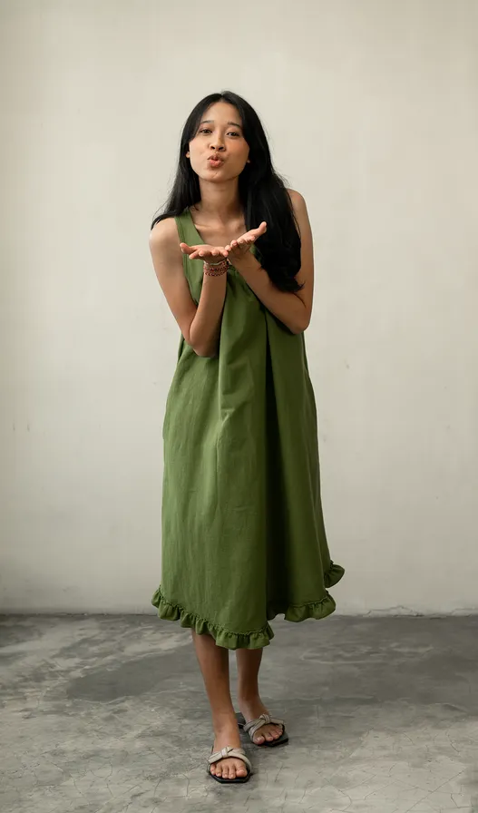 Semi Swing Ruffle Dress Cotton Linen Green, 3 Sizes