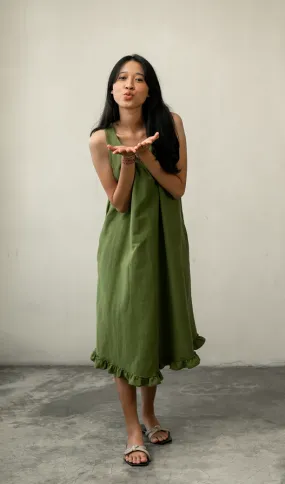 Semi Swing Ruffle Dress Cotton Linen Green, 3 Sizes