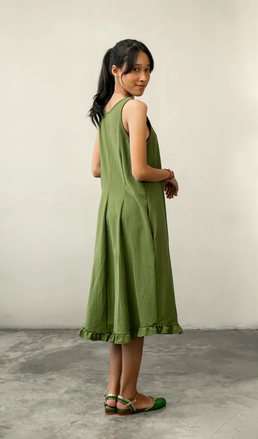 Semi Swing Ruffle Dress Cotton Linen Green, 3 Sizes