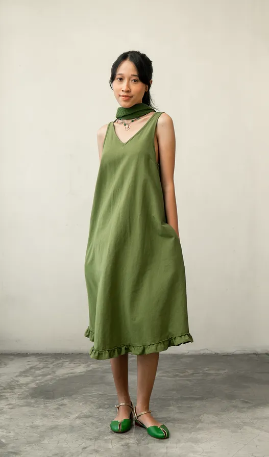 Semi Swing Ruffle Dress Cotton Linen Green, 3 Sizes