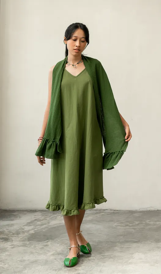 Semi Swing Ruffle Dress Cotton Linen Green, 3 Sizes