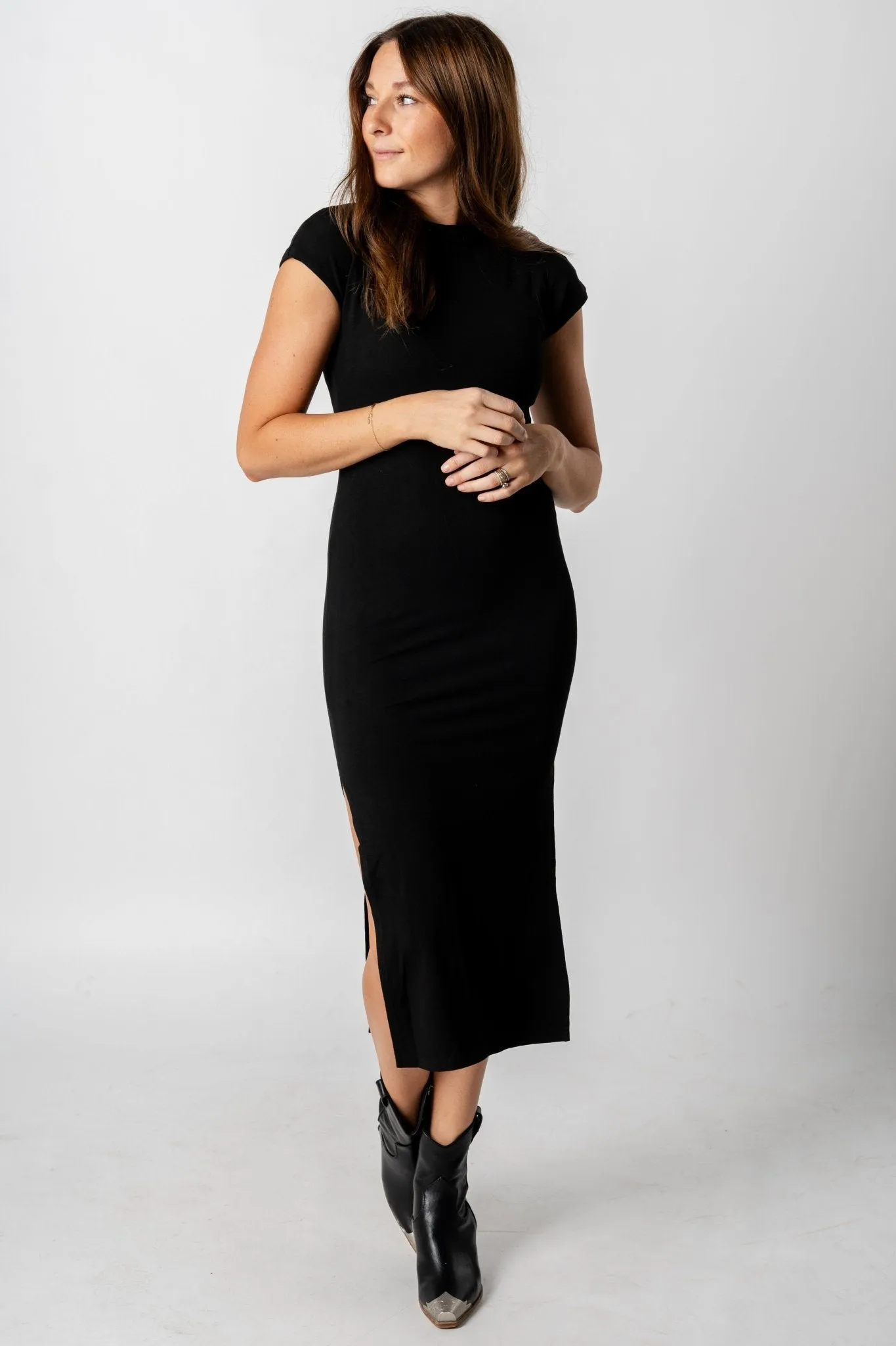Side slit sleeveless midi dress black