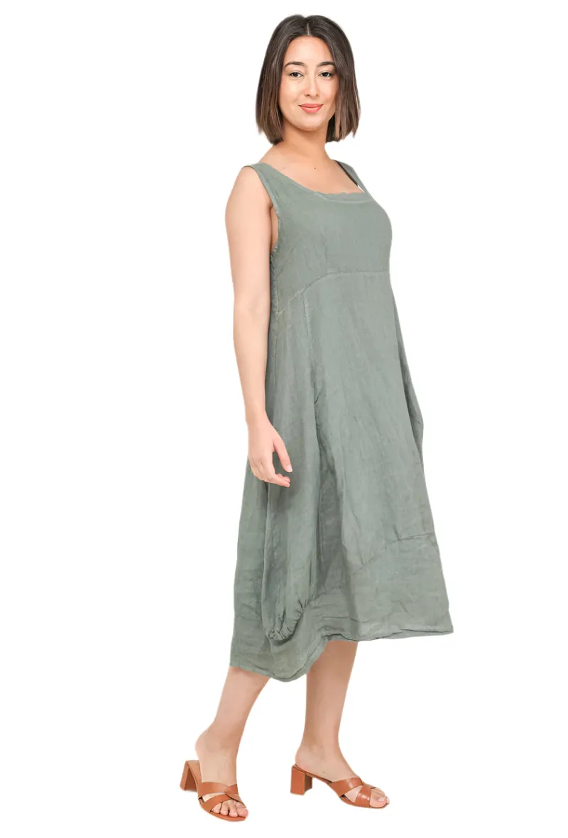 Sleeveless Italian Midi Linen Dress With Square Neckline